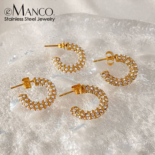 eManco钛钢不掉色C型闪钻耳环真空电镀18K设计耳饰仿真精致女耳圈