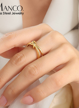 eManco时尚个性不锈钢戒指小众设计镀18K金戒指潮流钛钢指环戒指