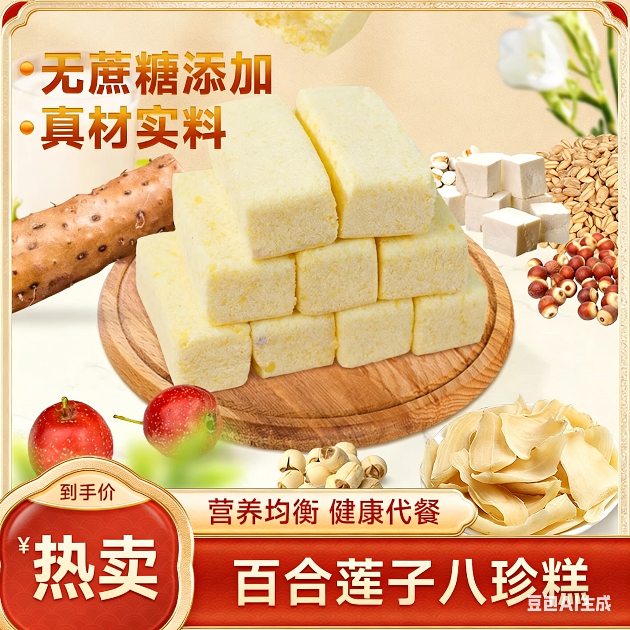 【谷物之选】百合莲子八珍糕 无蔗糖传统糕点 软糯清甜健康代餐-W