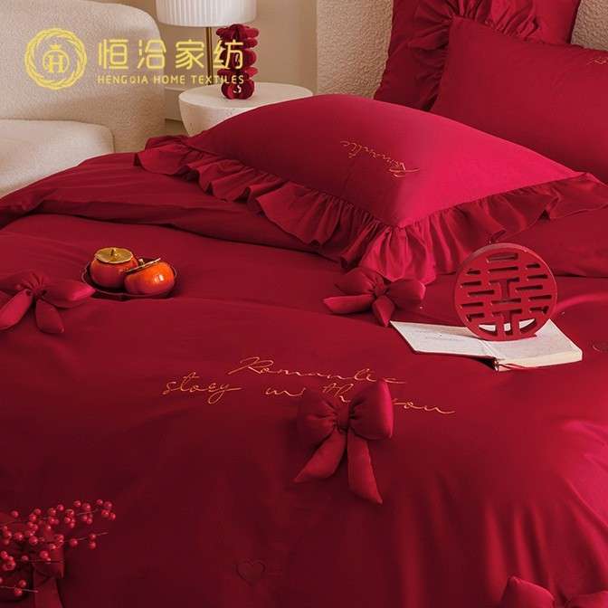 韩式大红色婚庆长绒棉纯棉四件套立体蝴蝶结刺绣全棉喜嫁被套床品