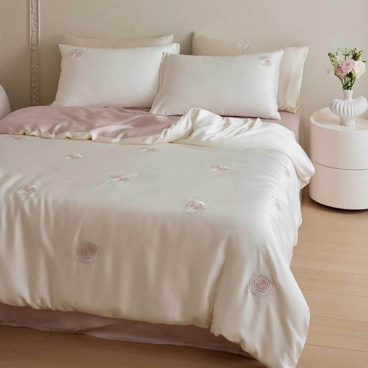 夏季兰精天丝四件套轻奢丝滑裸睡山茶花刺绣被套床单凉感床品