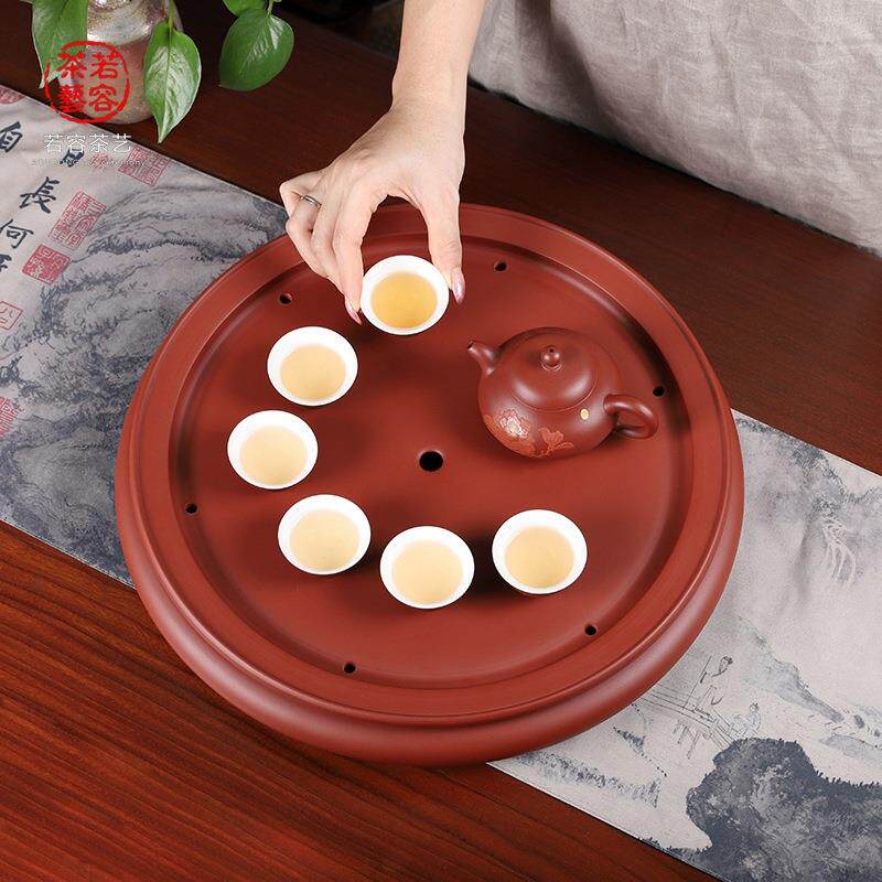 全手工朱泥手拉茶盘传统家用茶具大小圆形紫砂茶船储水干泡台茶台