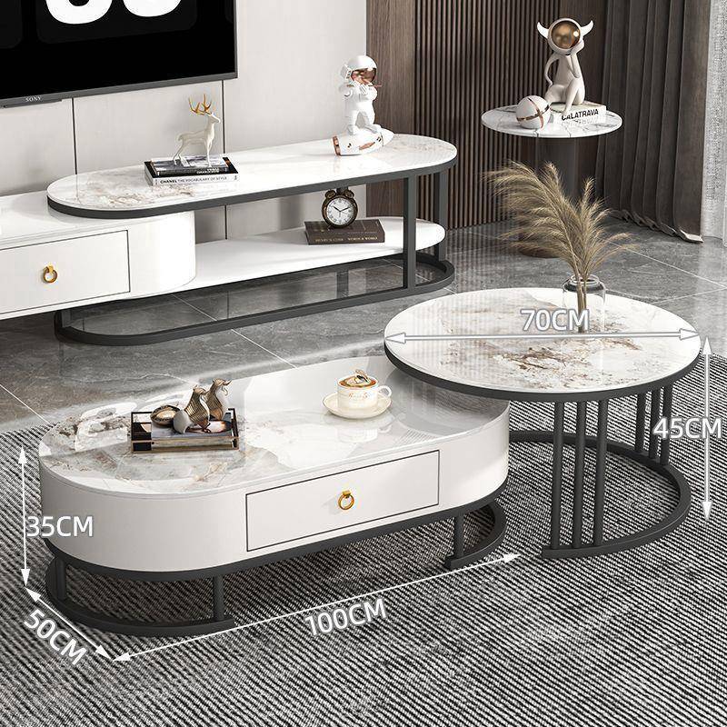 轻奢茶几电视柜组合亮光岩板小户型可伸缩简约带抽屉茶几家用客厅