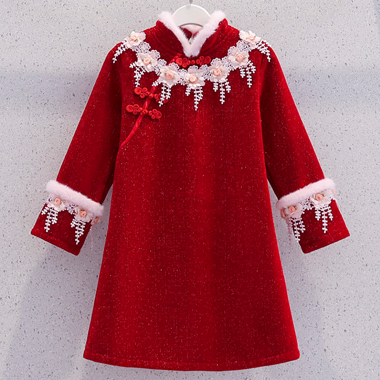 女童长袖连衣裙冬季2025新款中国风拜年服儿童装红色新年旗袍裙子