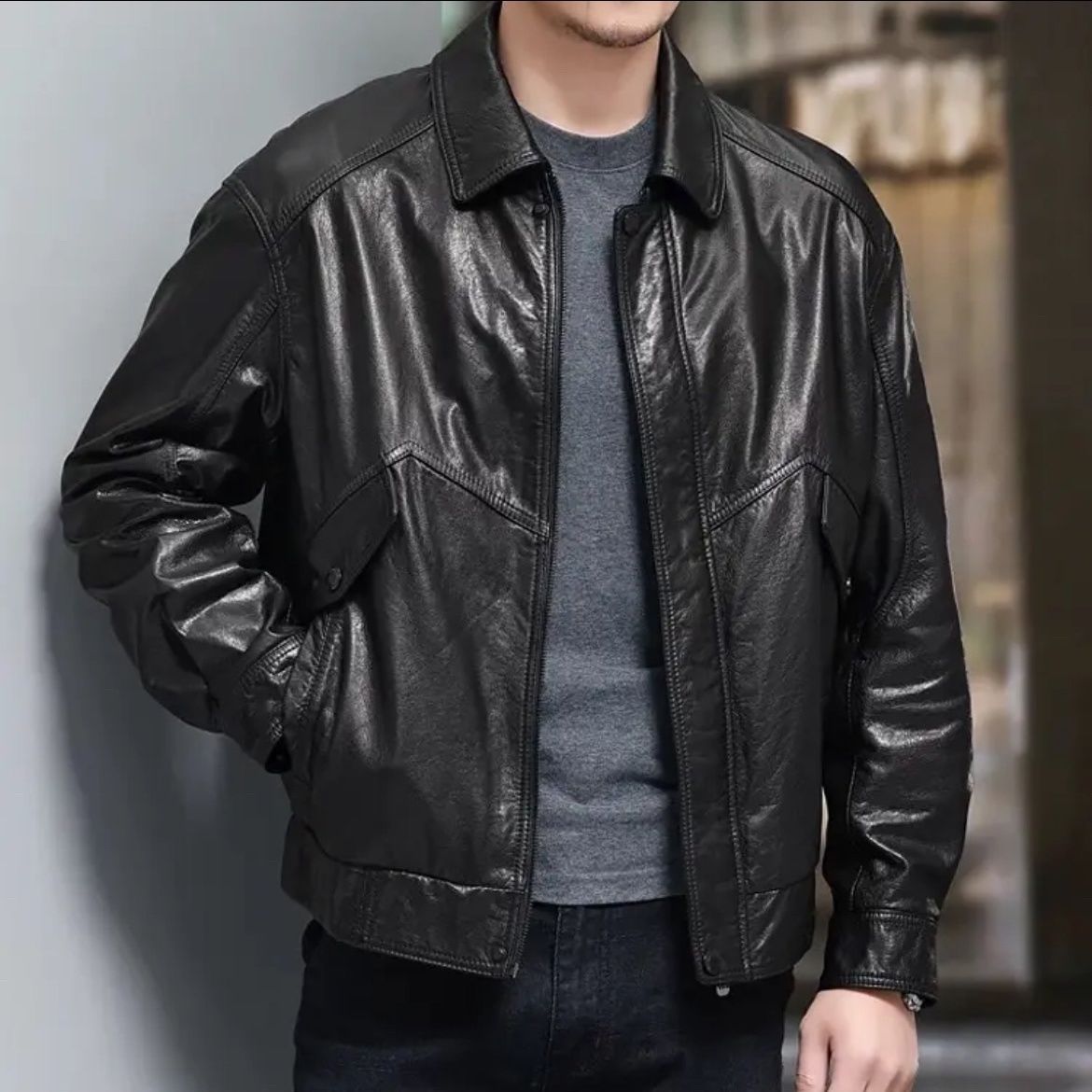 2025海宁新款港版飞行服夹克男士进口山羊皮阔版真皮皮衣男士夹克