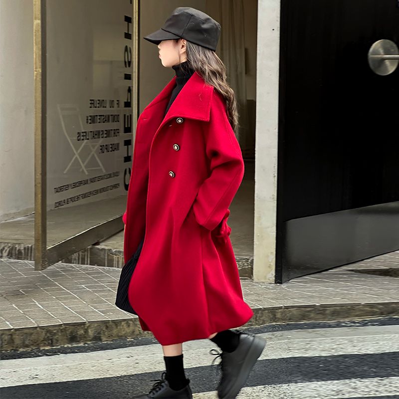 女童安可拉红呢子风衣外套2025冬新款法式高级韩版中长款呢子大衣