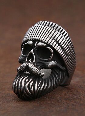 Vintage Hat Big Beard Skull Ring for Men Gothic Stainless St