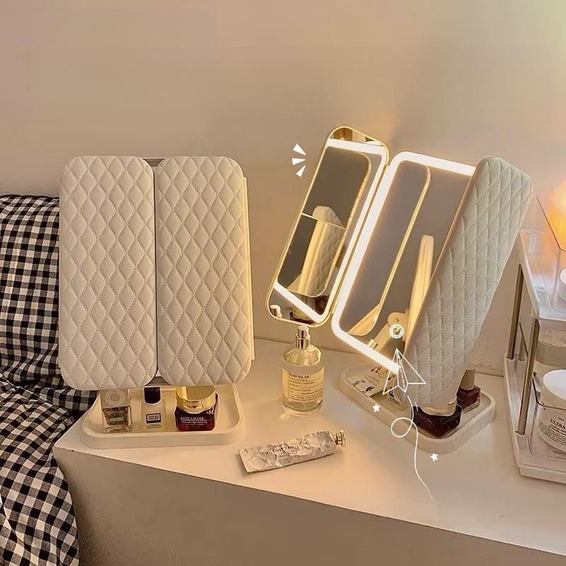 LED化妆镜带灯女生补妆镜学生宿舍桌面三折叠梳妆镜少女美妆镜