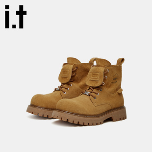 靴短靴潮流百搭休闲鞋 厚底马丁靴工装 izzue复古翻盖大黄靴男士