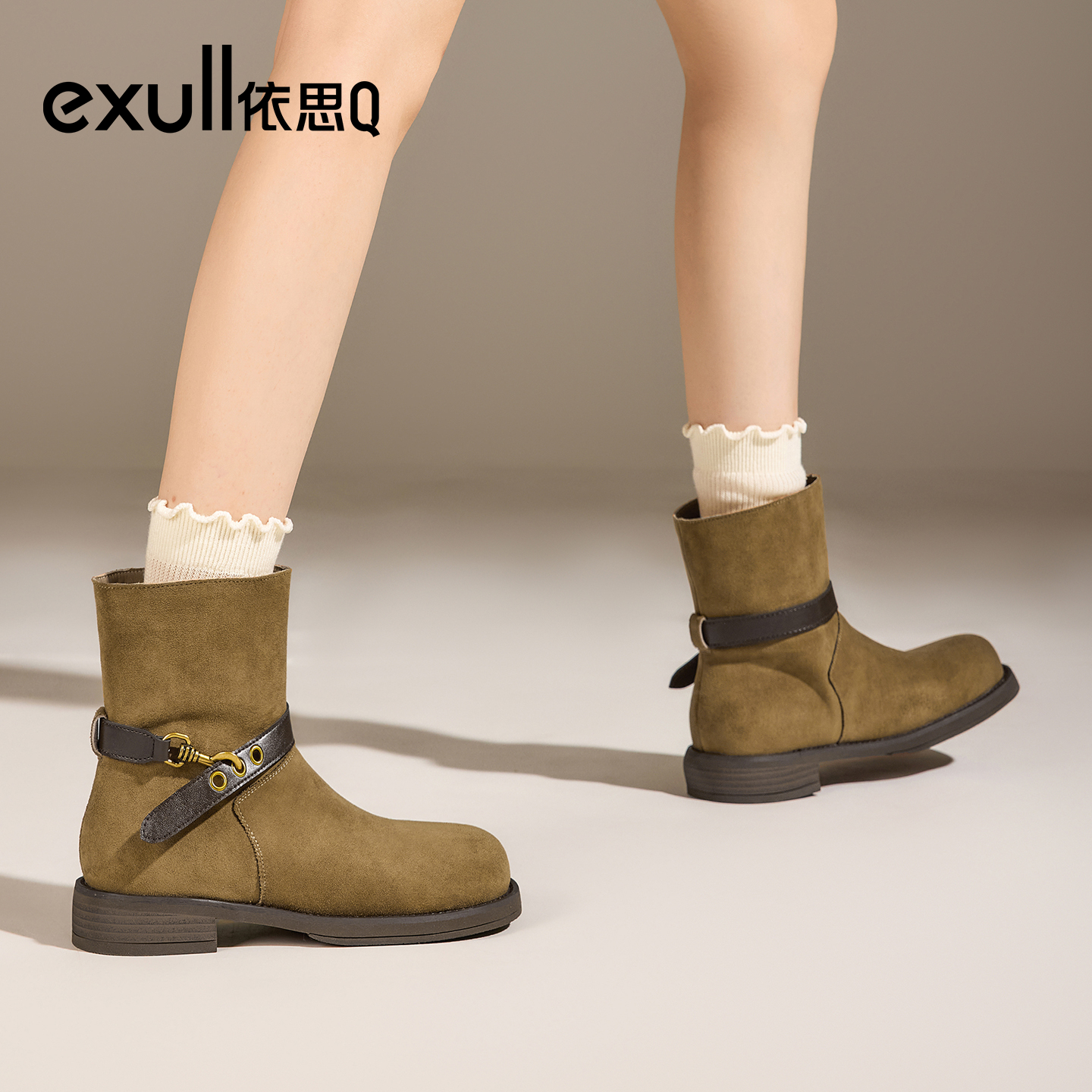 exull/依思Q2025秋冬新款粗跟短靴女美拉德复古勃肯女靴西部靴