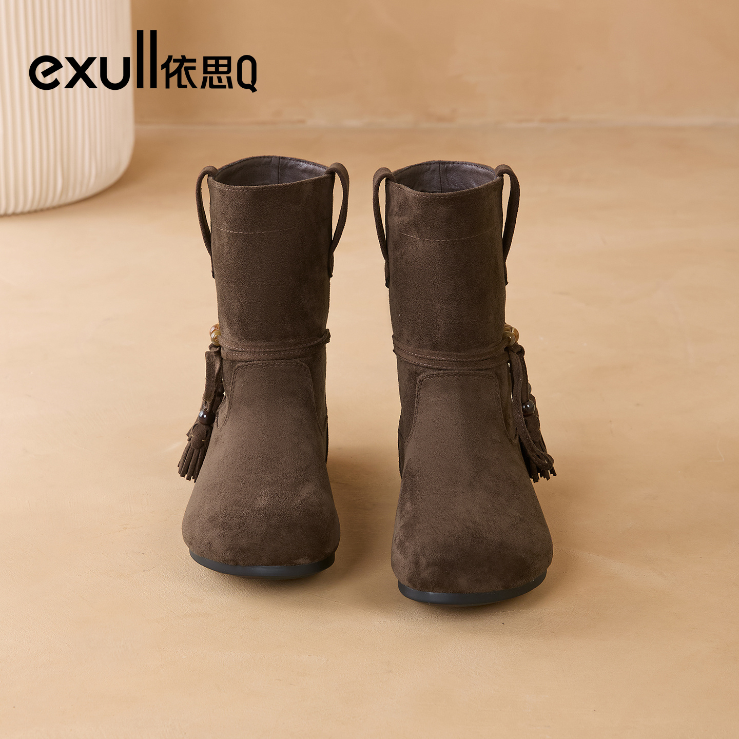 exull/依思Q堆堆靴女25新款秋冬复古平底增高流苏串珠美拉德短靴