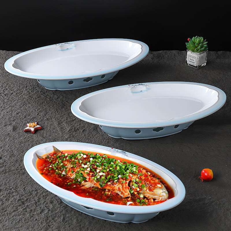 密胺塑料高脚鱼盘子大号椭圆形热菜盘商用蒸鱼盘酒店餐厅专用餐具