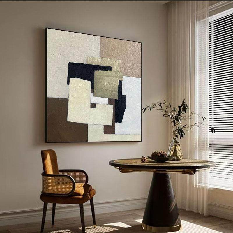 纯手绘油画中古风几何图案正方形客厅餐厅装饰画立体肌理民宿挂画