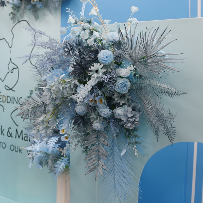 雾霾蓝蓝色婚庆花艺仿真花婚礼地排花路引花点花背景舞台迎宾装饰