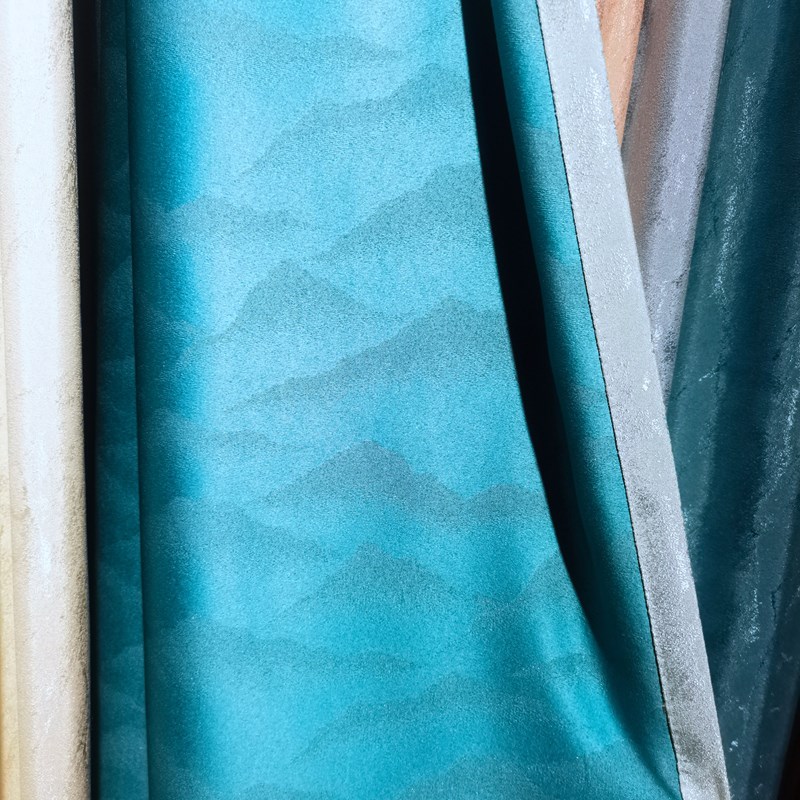 金色窗帘布料中j式山水画简约全遮光卧室客厅书房定制佛堂庙宇