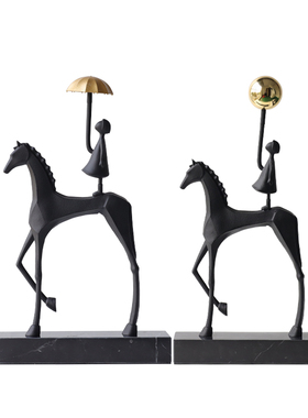现代简约金属马撑伞人物摆件轻奢样板间软装饰品书房办公桌玄关柜