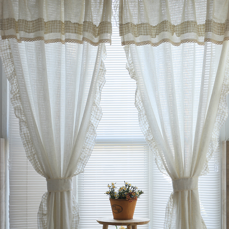 法式乡村素色亚麻格子窗r帘荷叶边花边玄关隔断阳台落地窗客厅飘