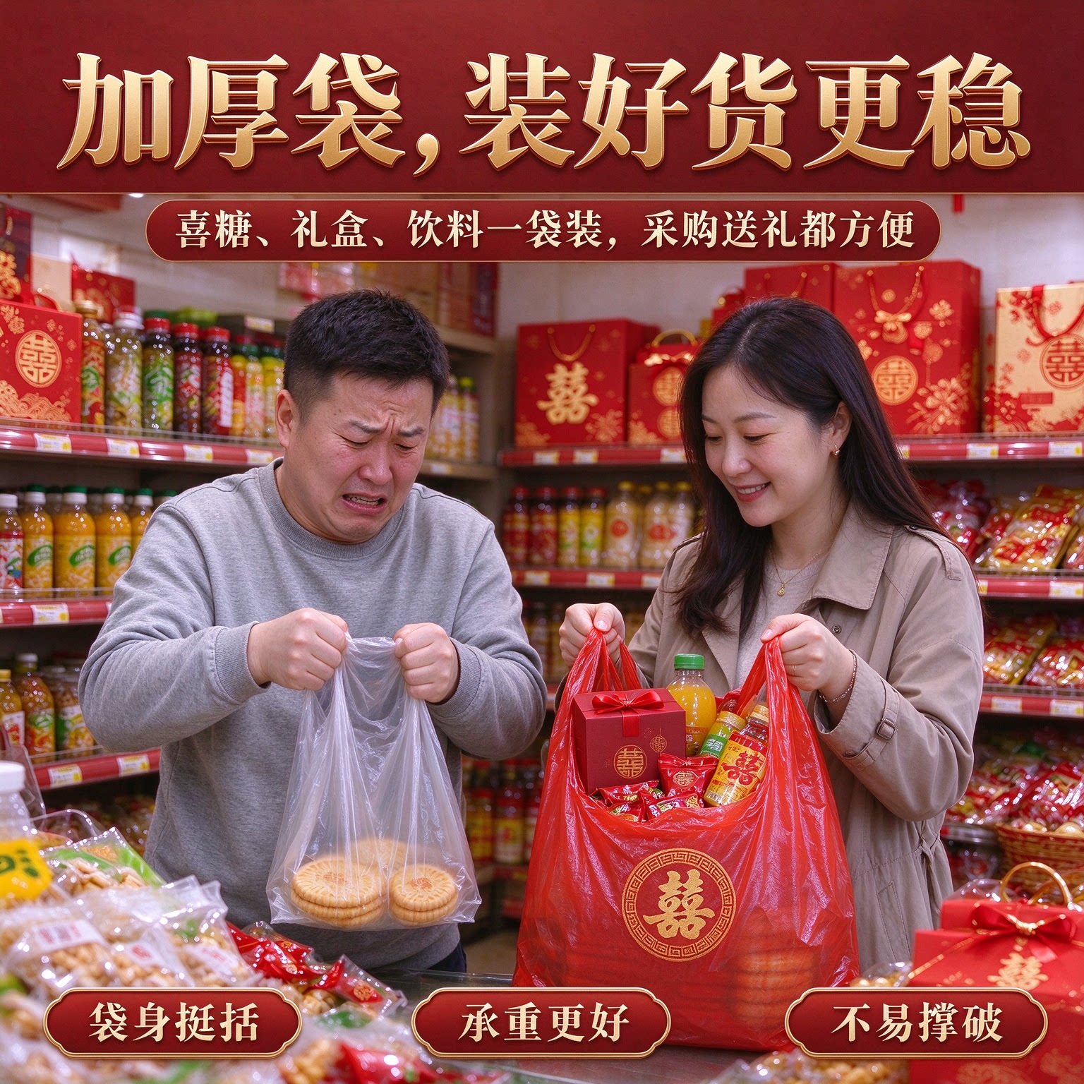 加厚大红色喜字塑料袋婚庆婚礼手提方便袋喜事食品袋喜糖回礼包装
