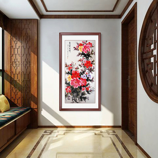 壁画国画中国风挂画 饰画花开富贵牡丹图走廊过道竖版 中式 玄关装