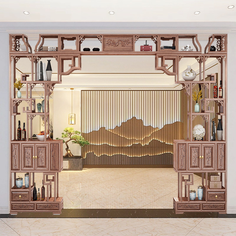 实木伸缩月洞门i新中式博古架多宝阁古董柜隔断玄关书架月亮门屏