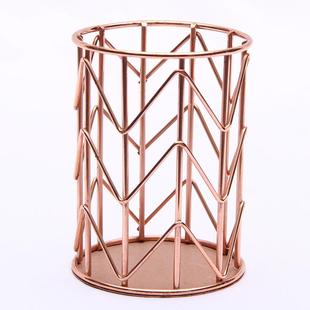 时尚学生桌面文具用品收纳摆件多功能创意镂空网格圆形玫瑰金笔筒