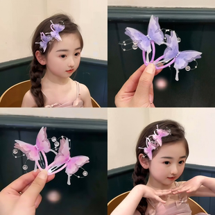 儿童仙气轻纱触须蝴蝶侧边夹女童可爱渐变串珠发夹夏季刘海碎发卡