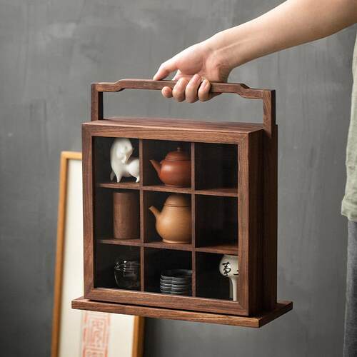 I1黑胡桃木新中式带门多宝阁实木家用小型博古架茶杯茶具收纳展示