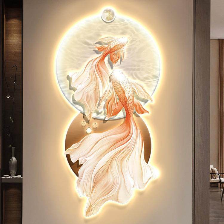 现代轻奢进门入户玄关发光锦鲤装饰画走廊过道LED灯光画挂画壁画,金属材料及制品,金属加工件/五金加工件,淘宝优惠券,粉丝福利购,淘宝优惠卷
