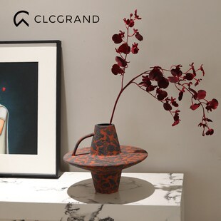 高级感红锈圆盘陶瓷花瓶摆件轻奢高档客厅桌面插花样板间装 饰花器