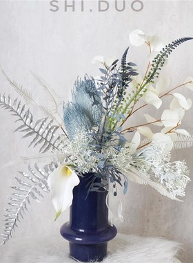 轻奢仿真花艺组合蓝色仿真花摆件餐桌客厅茶几酒店W前台软装摆放