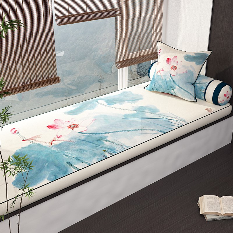 沙发垫大师椅垫水墨荷花r中式红木沙发垫子飘窗垫罗汉床亚麻坐垫