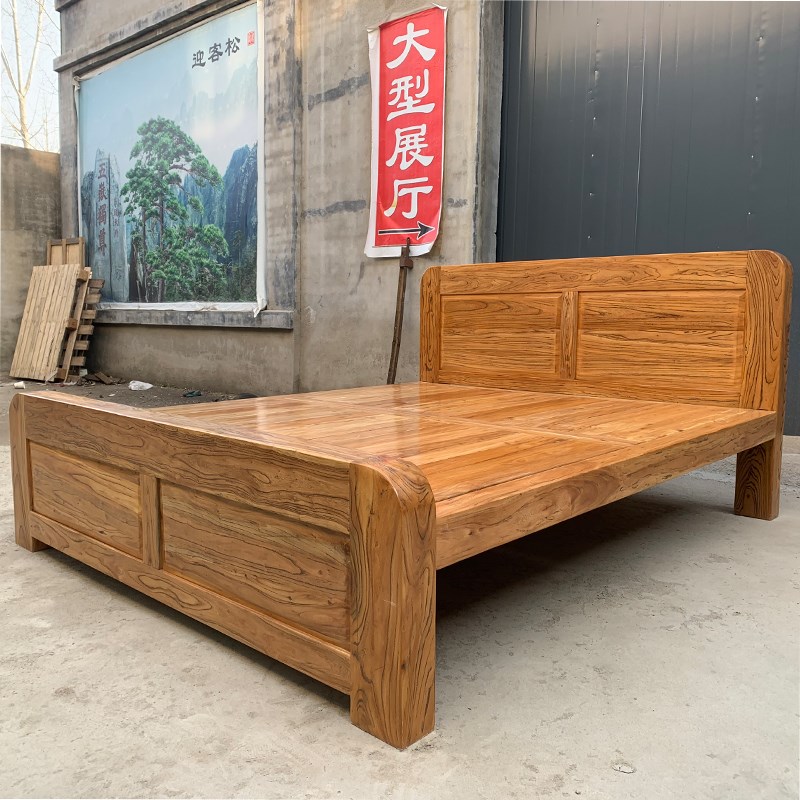 纯实木床双人单人床老榆木1.8米1.5米1.2米床简约现代硬板床定做