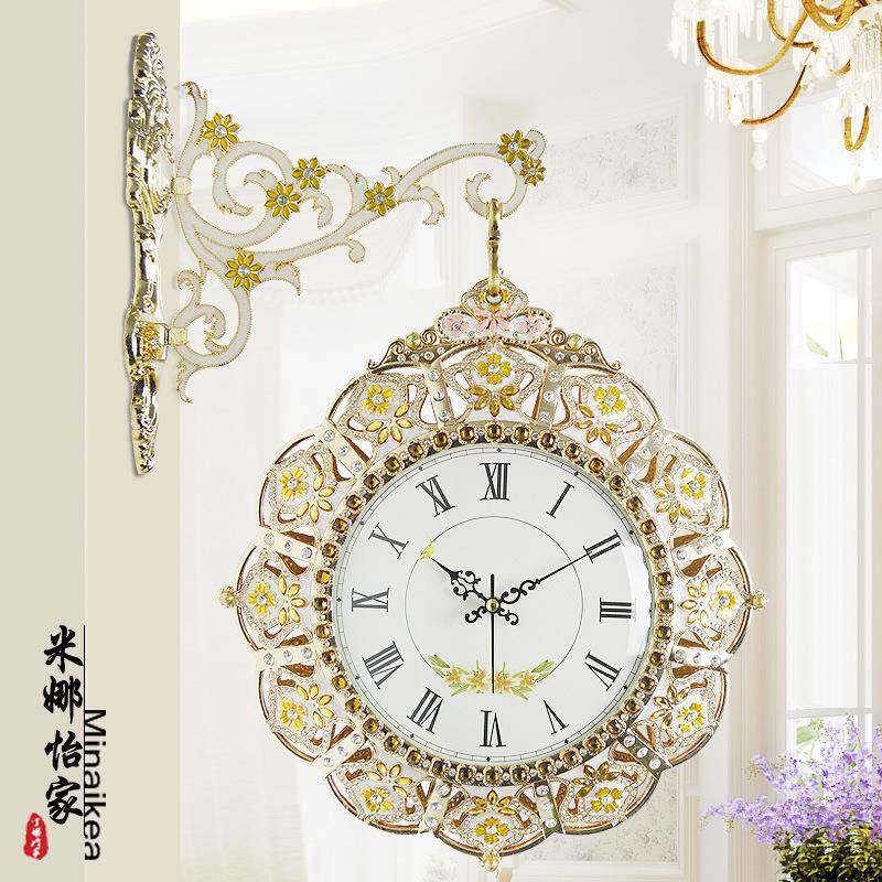 韩式时尚双面挂钟现代客厅大号静音时钟简约创意田园金属石英钟表