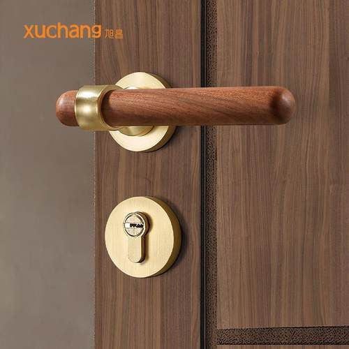 卧室胡桃木门锁静音室内原木门把手实木门执手锁新中式分体锁具