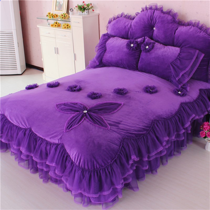 珊瑚绒四件套韩式公主蕾丝花边紫色床品1.8m床裙被套短毛水晶绒