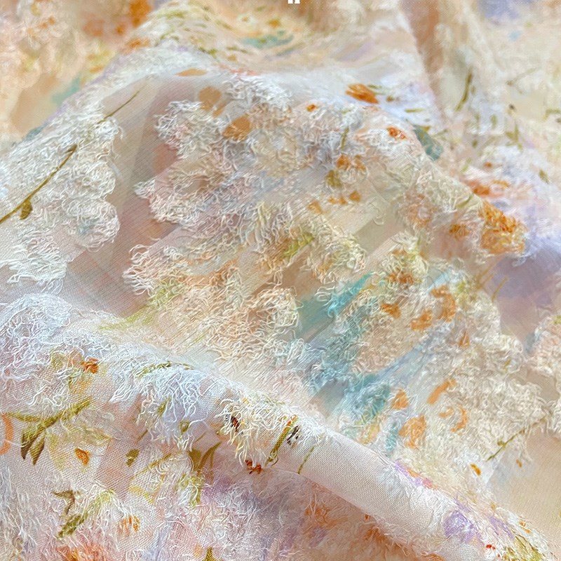 一米价 油画风晕染印花面料橘色 流苏提花设计师童装发饰DIY布料