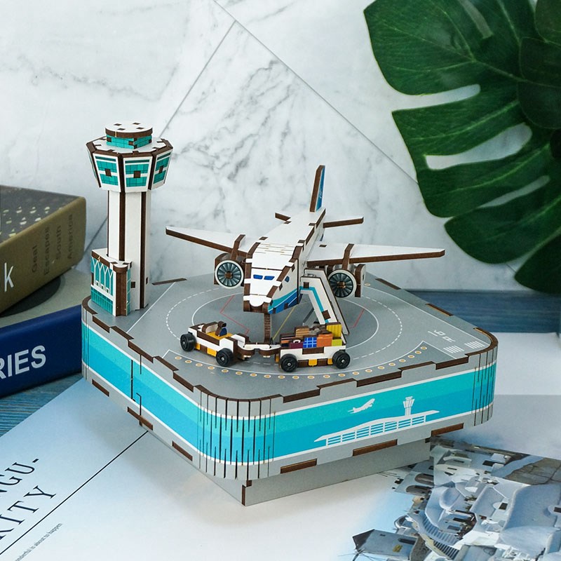 同趣八音盒航空港积木飞机主题拼装音乐盒DIY航空生日礼物男生