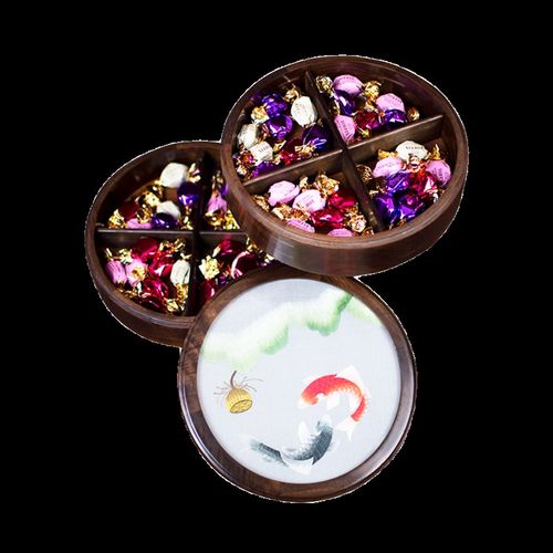 手工刺绣果盒胡桃木双层果盘中国风复古礼品新中式茶几摆件装饰品