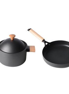 样板房厨房橱柜软装饰品摆件组合套装铸铁锅黑色锅具平底锅汤锅