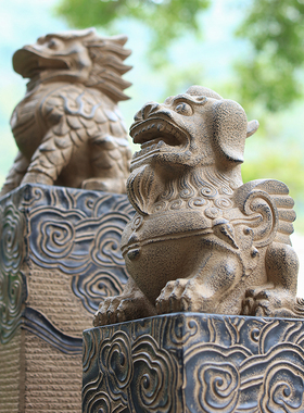 中式仿石雕拴马桩户外别墅门口z庭院花园布置装饰招财貔貅麒麟摆