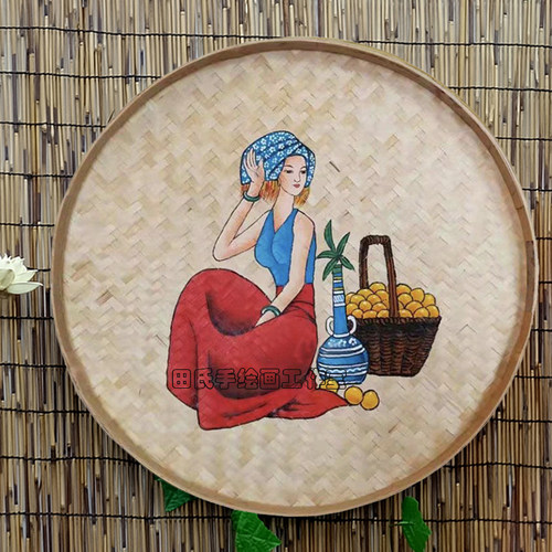 手绘竹编c簸箕画云南特色文化装饰画田园民宿墙面墙壁挂饰挂件壁