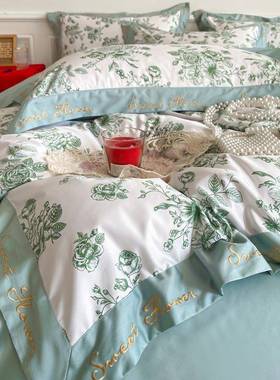 1VPR简约婚庆红色四件套田园碎花纯棉床单冰丝被套结婚嫁床上用品