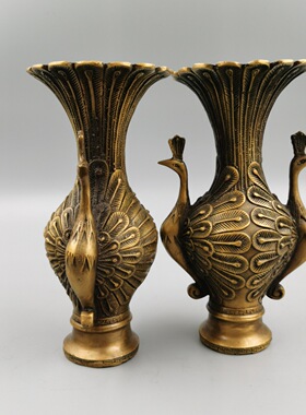 古玩杂项仿古黄铜花瓶古玩收藏  黄铜孔雀花瓶摆件工艺品