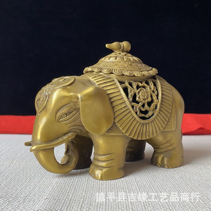 大象香炉古玩杂项做旧黄铜摆件古典檀香炉仿古铜工艺品镂空香薰炉