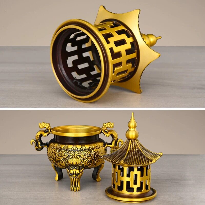 铜香炉仿古铜器塔香炉盘香炉家居客厅装饰工艺品铜八龙塔炉