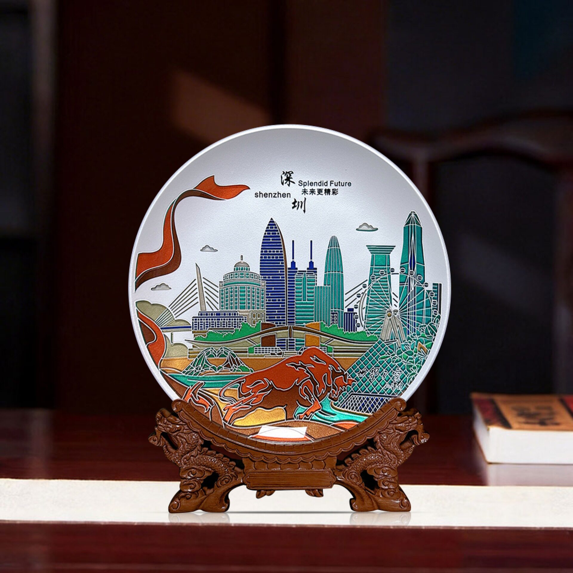 百福厂家直销深圳印象深圳城市风光特色景点纪念品晶化玻璃摆盘