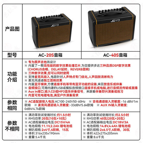 JOYO卓乐AC40S吉他音箱AC20s蓝牙内录户外K歌弹唱电吉他专用音响