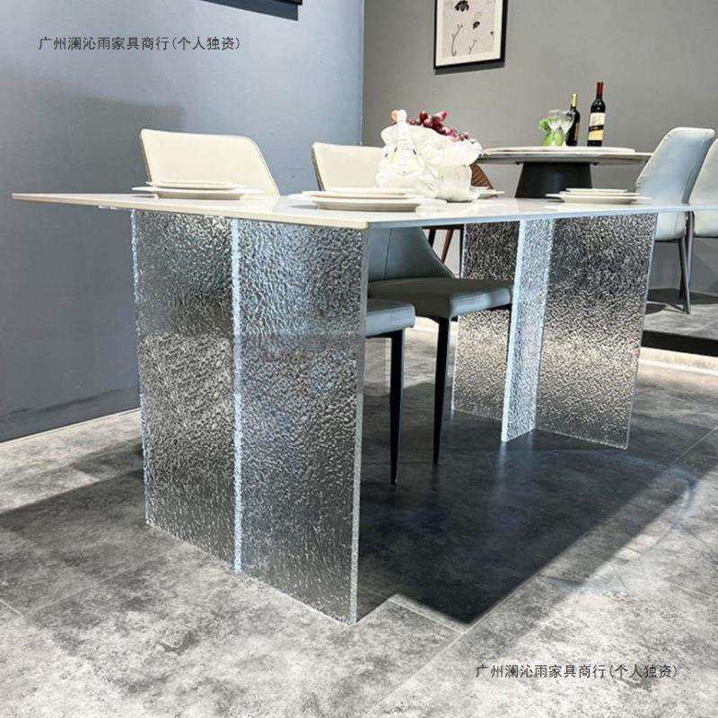 现代简约轻奢石头纹亚克力悬浮亮光餐桌饭桌家用客厅小户型长方形
