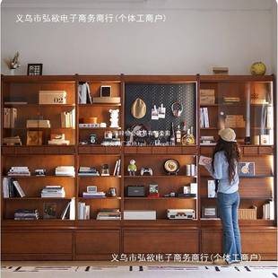 实木带卡座书柜储物柜一体到顶整面墙窄书架客厅带柜门中古柜