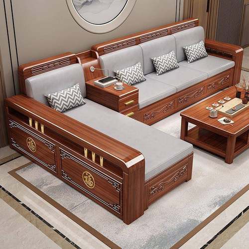 新款中式胡桃木雕花实木沙发组合家用客厅冬夏两用小户型储物家具